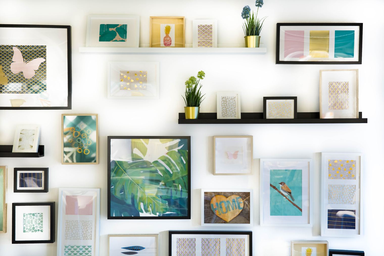 Interior design with shelves full of art and objects.